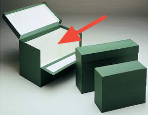 Caja de transferencia de cartón forrado en Geltex verde Fº doble con lomo de 200 mm Mariola