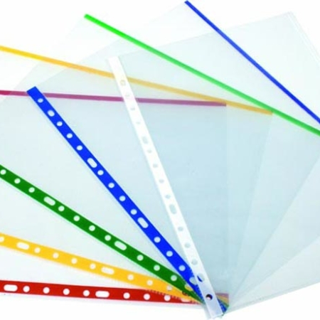 Caja de 100 fundas de PP cristal multitaladro Fº con indicador de color blanco y refuerzo Grafoplas