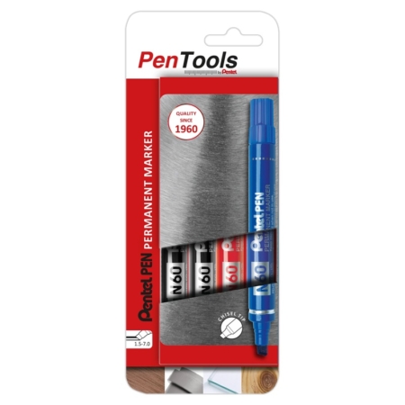 Blíster de 4 rotuladores permanentes de punta biselada Pentel Pen N60