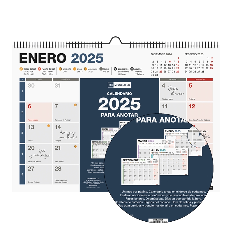 Calendario de pared 2025 Miquelrius A4 completo