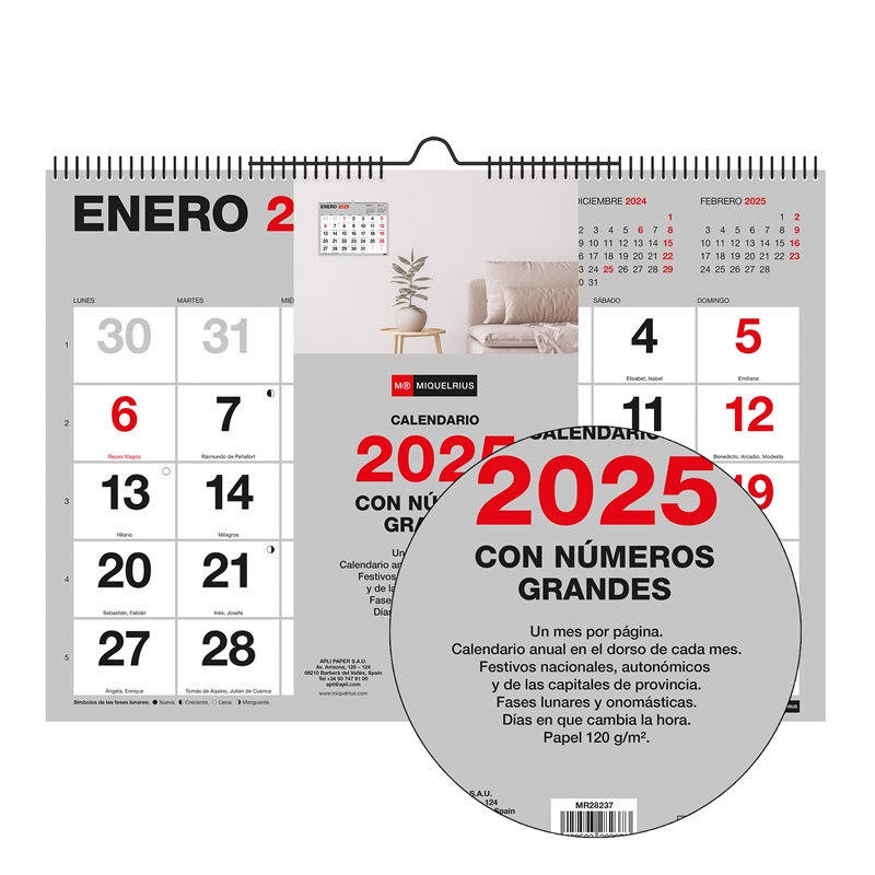 Calendario de pared 2025 Miquelrius A3 números grandes Basic